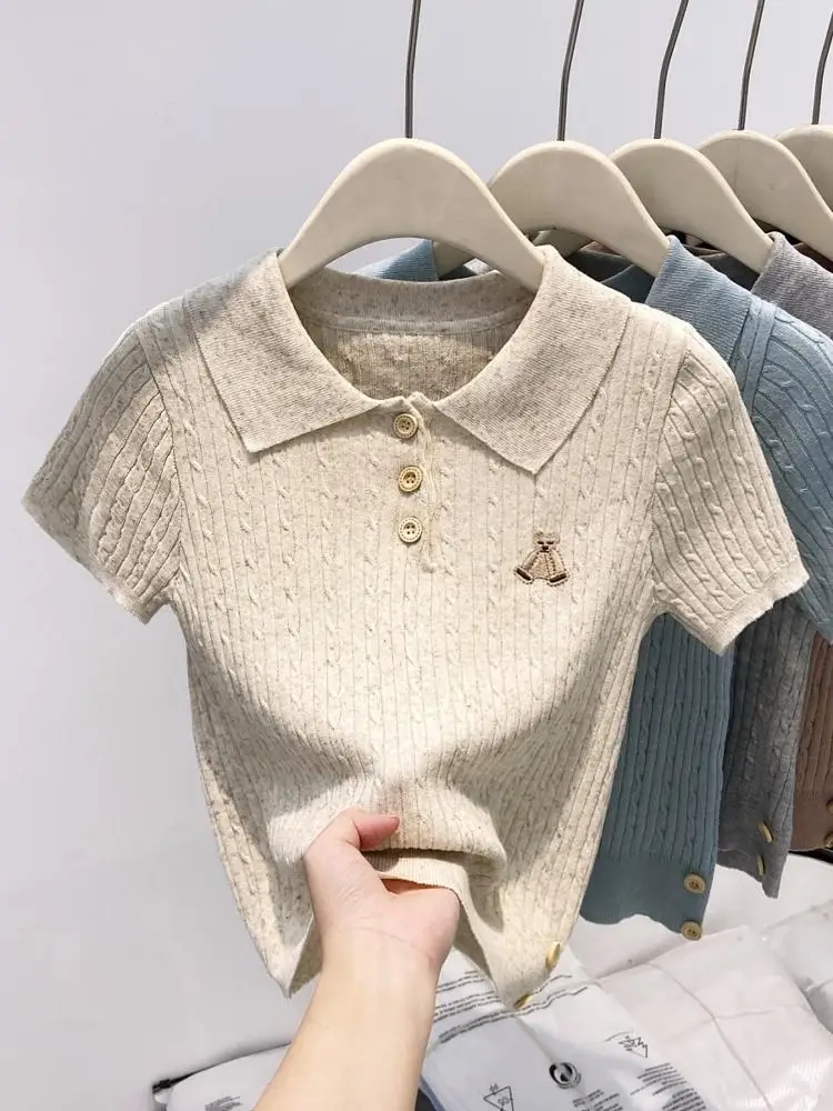 

Korean Sle Collar Knitted ort Sve T-irt Breathable Soft Polyester Fiber Summer Commute Friendly Women's Top