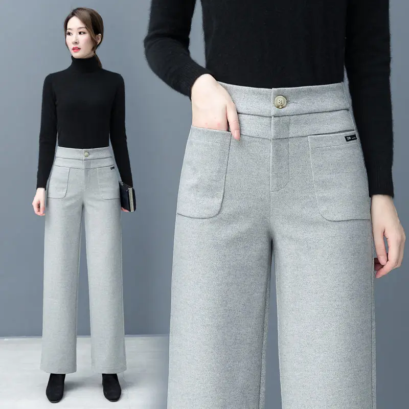 2024 Winter New Trousers Straight Woolen Pants Women's Casual Pants All-Matching Loose-fitting and Warm Wide-Leg Pants T97