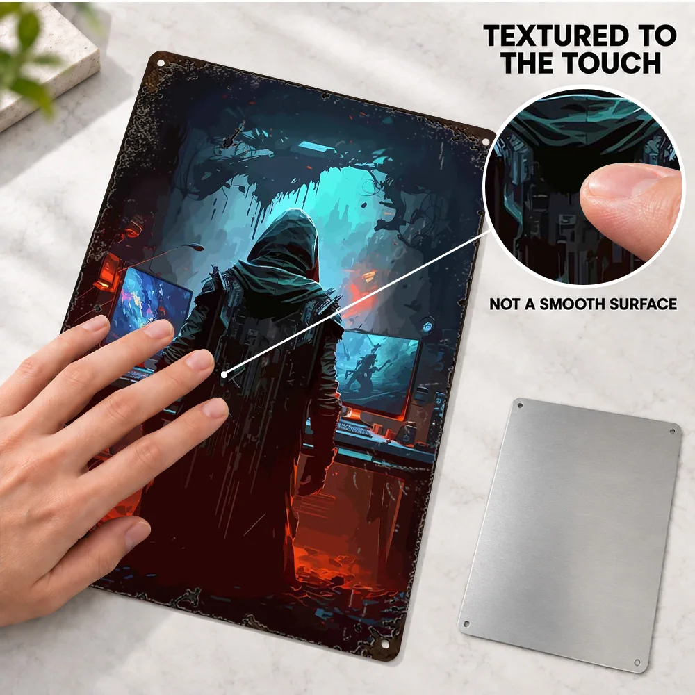 Hooded Gamer In A Ruined City Aluminum Poster Personalized Metal Sign Minimalist Vector Illustration Wall Art For Home Office