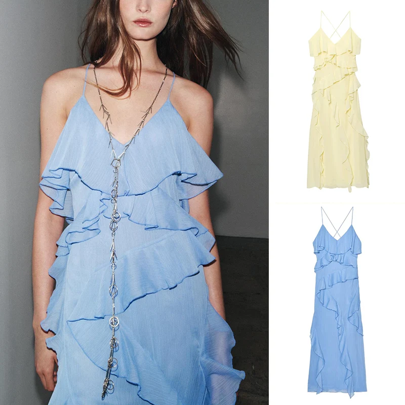 Novo Vestido Longo F de Verão para Praia e Férias, Estilo E com Decote em V, Sem Mangas, Decoração em Camadas, ...