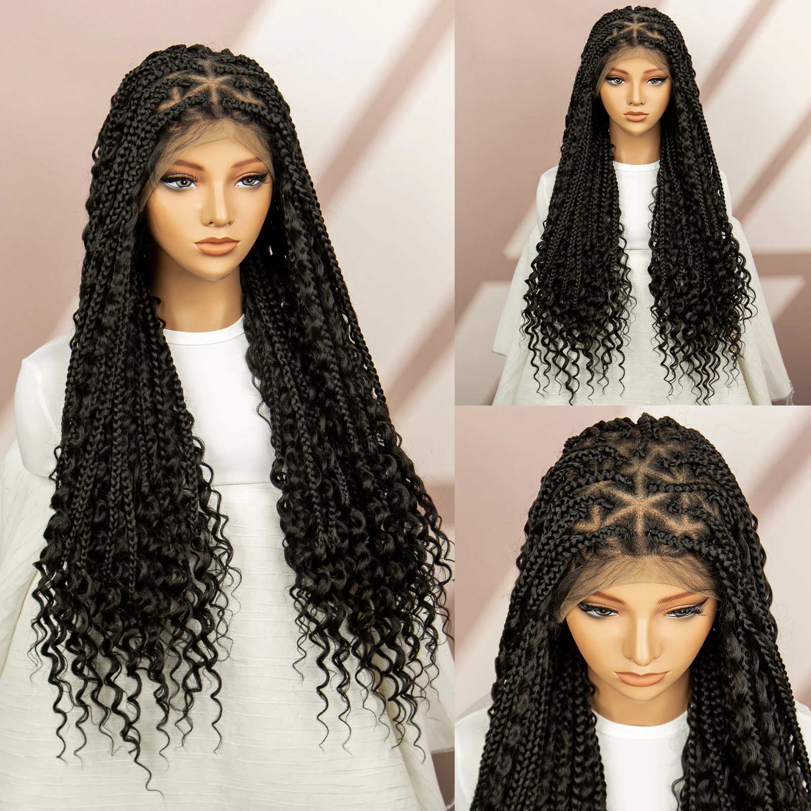 Full Lace Synthetic Braided Wigs for Black Women Box Braided Wigs with Baby Hair Lace Frontal Wigs Boho Braids Wigs Curly Ends