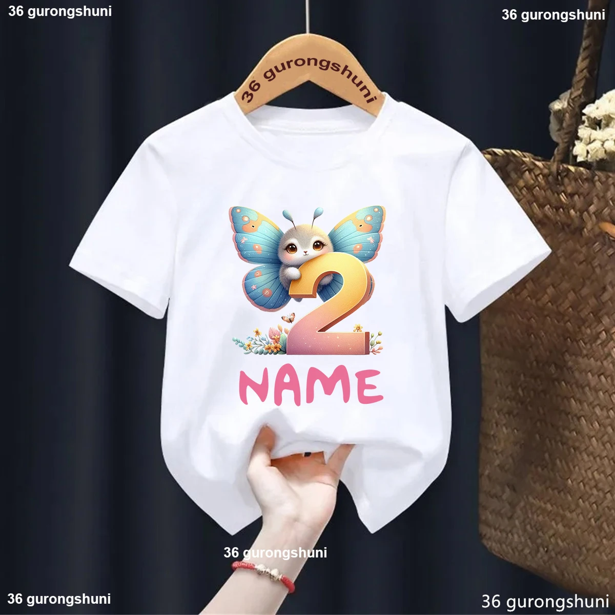 Camiseta borboleta aquarela para meninas, nome personalizado para crianças, traje de festa de aniversário, camiseta infantil fofa, número 1 a 9 anos