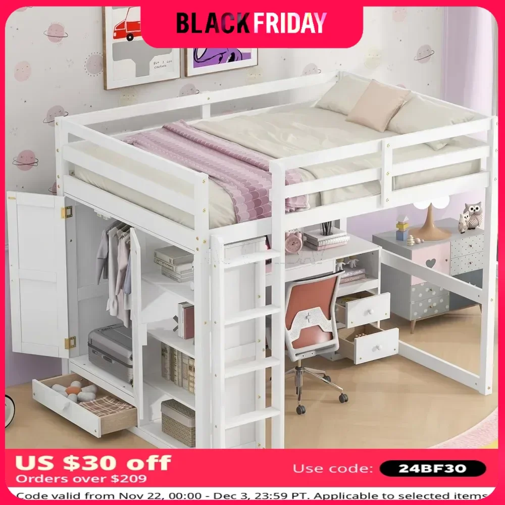 Beliche cama alta tamanho completo com guarda-roupa e mesa, estrutura de cama loft de madeira com prateleiras de armazenamento e gavetas cama infantil