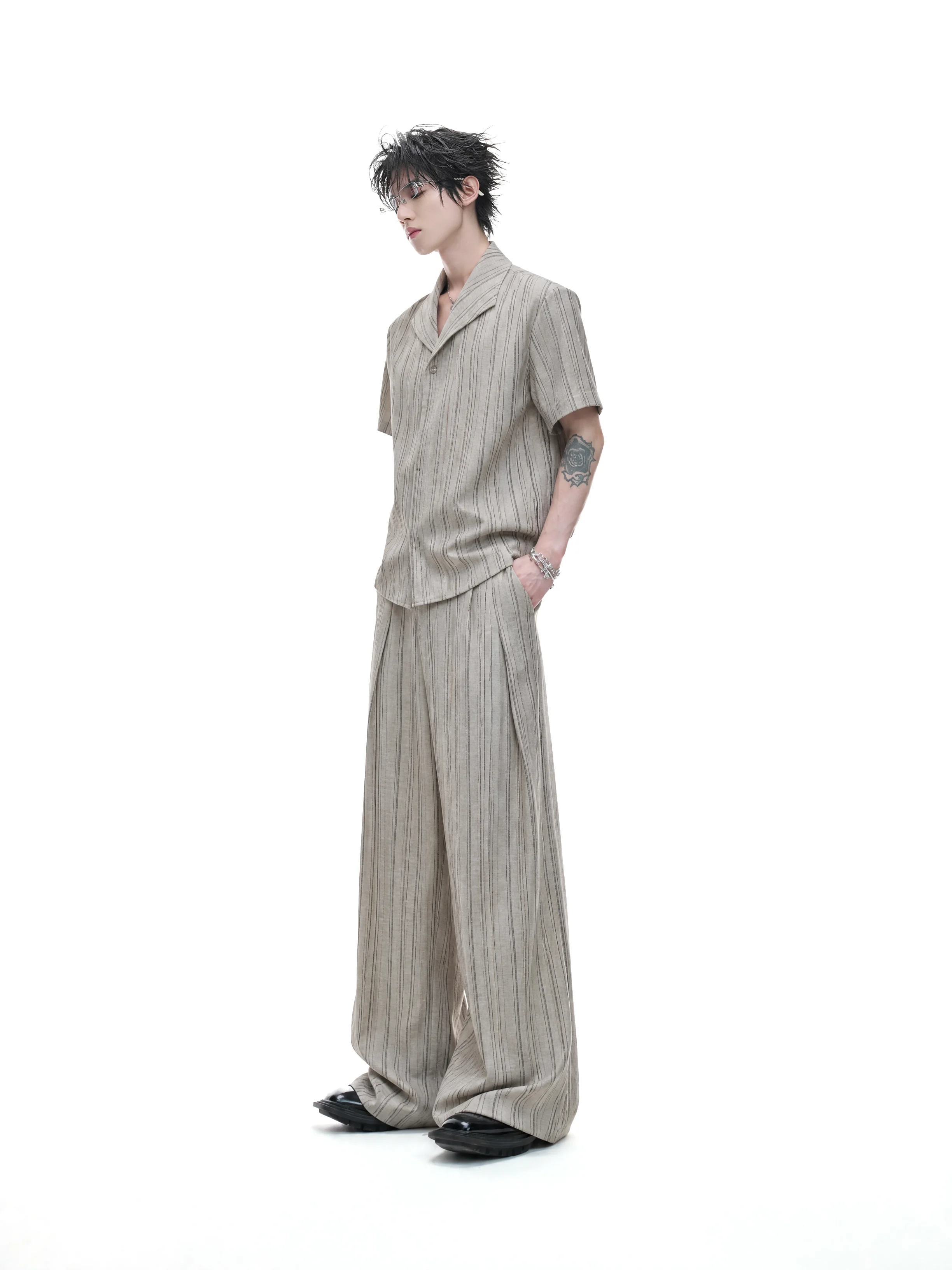 Argue Cuba Collar Half Sleeve Loose Fit Striped Shirt Set Youth Fashion Polyester Cotton Blend Easy Care Summer Collection