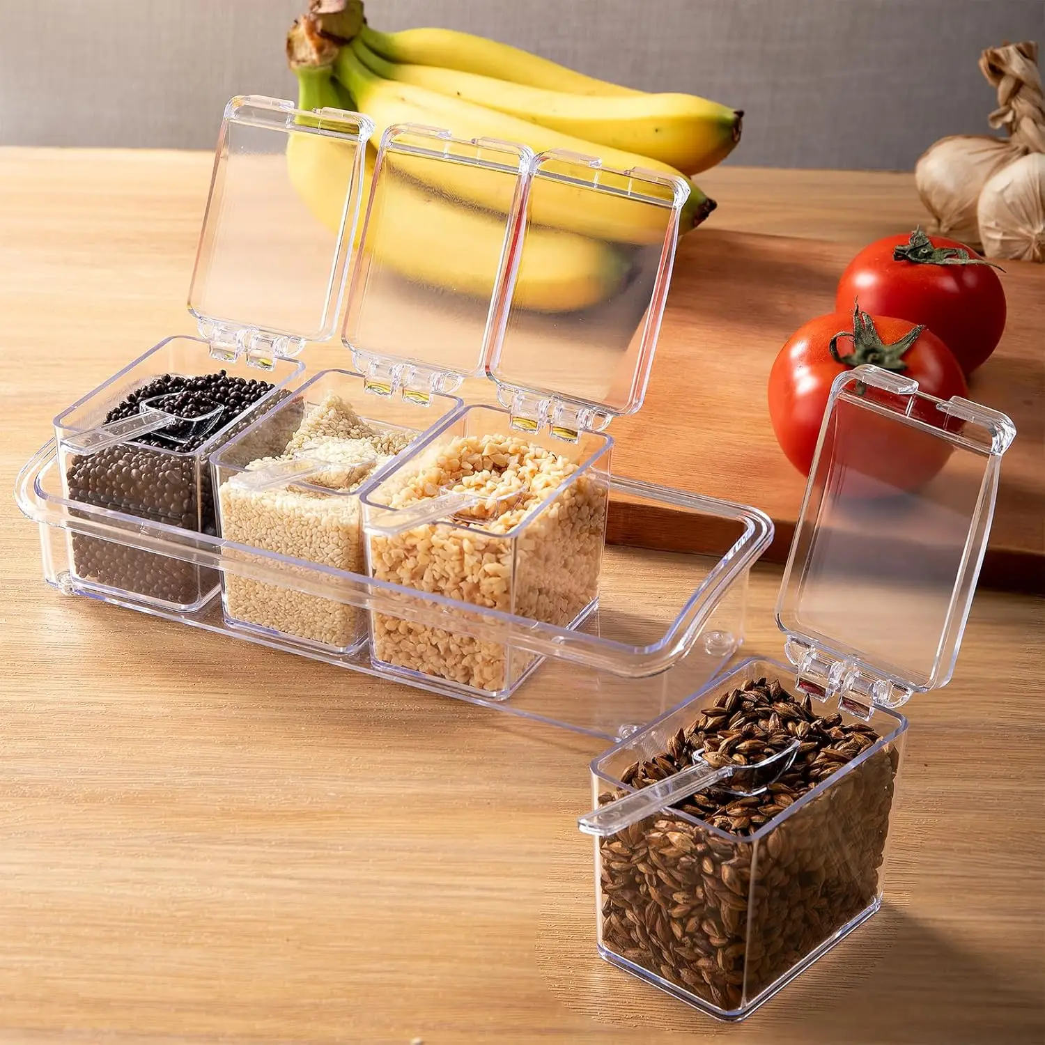 ﻿ Caja de condimentos transparente, recipiente de almacenamiento para condimentos, utilizado para especias, azúcar, sal, azúcar, cardamomo, canela