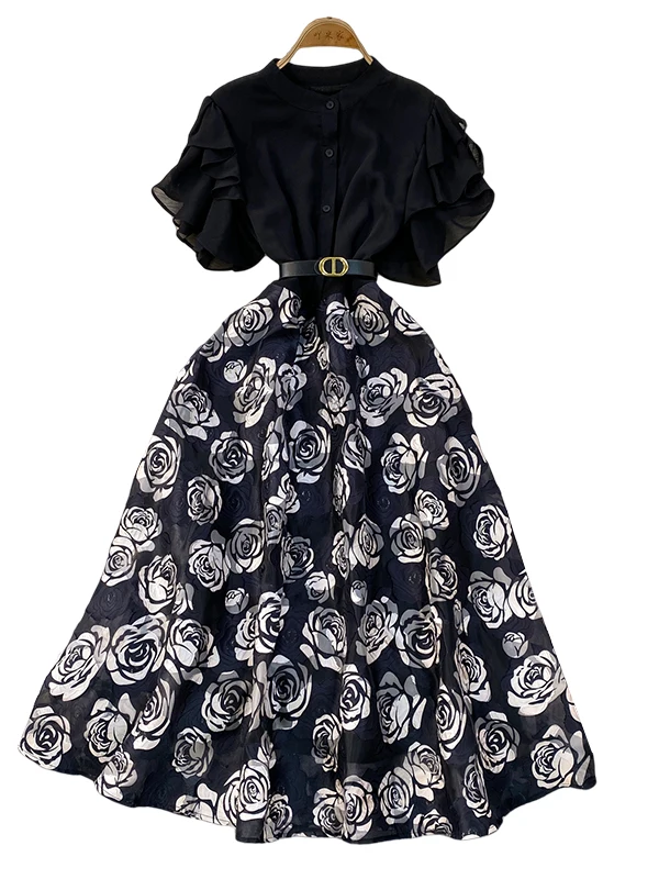 

Ele Summer antung Ruffle Sve Splice Single Button round Ne Dr Women's Slimming Long Dr Rose Print High Waist