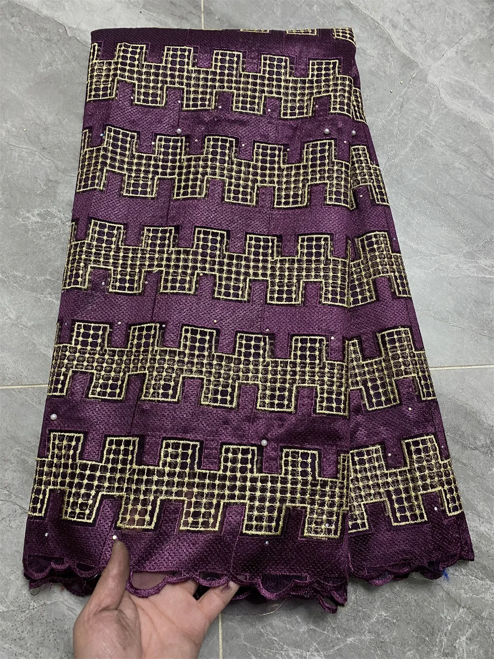 

French Lace Embroidered Net Fabric for Women Dress, Purple Gold, African, High Quality, 5 Yards