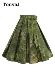 Tonval Green Botanical Print Pleated Skirts for Women 2024 Belted Knee Length Vintage Style 50s Skirt