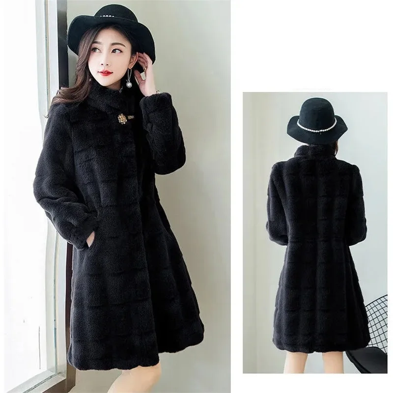 New Autumn Winter Jacket Imitation Mink Coat New Fashion Solid Color Medium Length Imitation Fur Coat Loose Female Outerwear 5XL