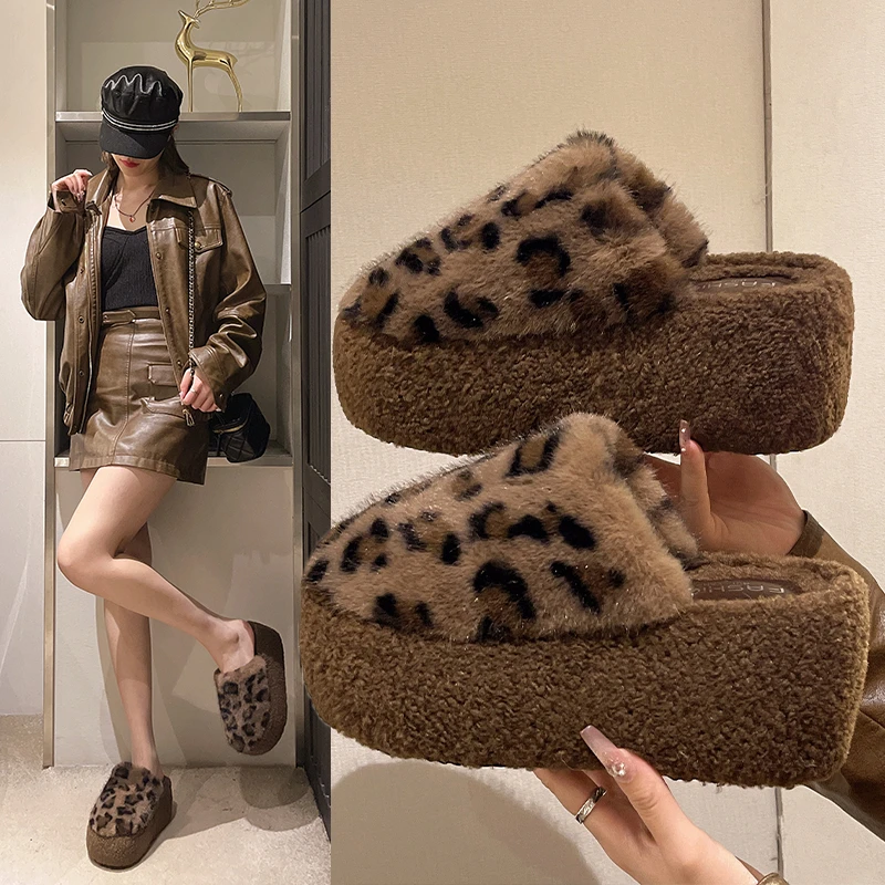 Women's cotton shoes autumn and winter new leopard print fur half-slippers fashionable outdoor closed-toe slippers