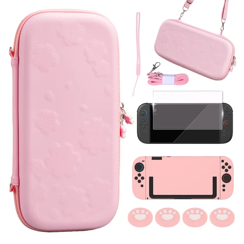 Imagen 1 del producto Accesorios de Estuche De Viaje rosa para Nintendo Switch 2, bonita bolsa de transporte Sakura Poch con soporte de correa, Protector de vidrio de película de temperatura