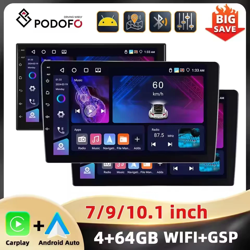 PodoNuremberg-Autoradio universel Android, 4 + 64 Go, 7 en effet/9 en effet/10.1 pouces, lecteur de limitation, WIFI, navigation GPS, Carplay, Android Auto, DSP