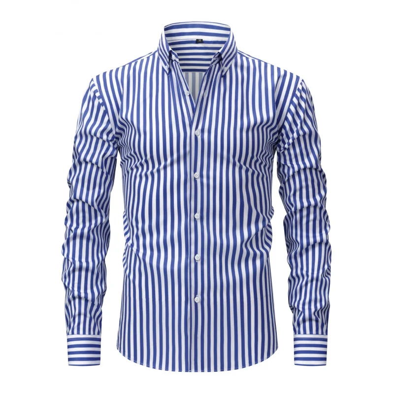 Four-Way Stretch Digital Print Striped Long Sleeve Turn-Down Collar Men's Shirt High-End Men's Shirt Wholesale - Image 2