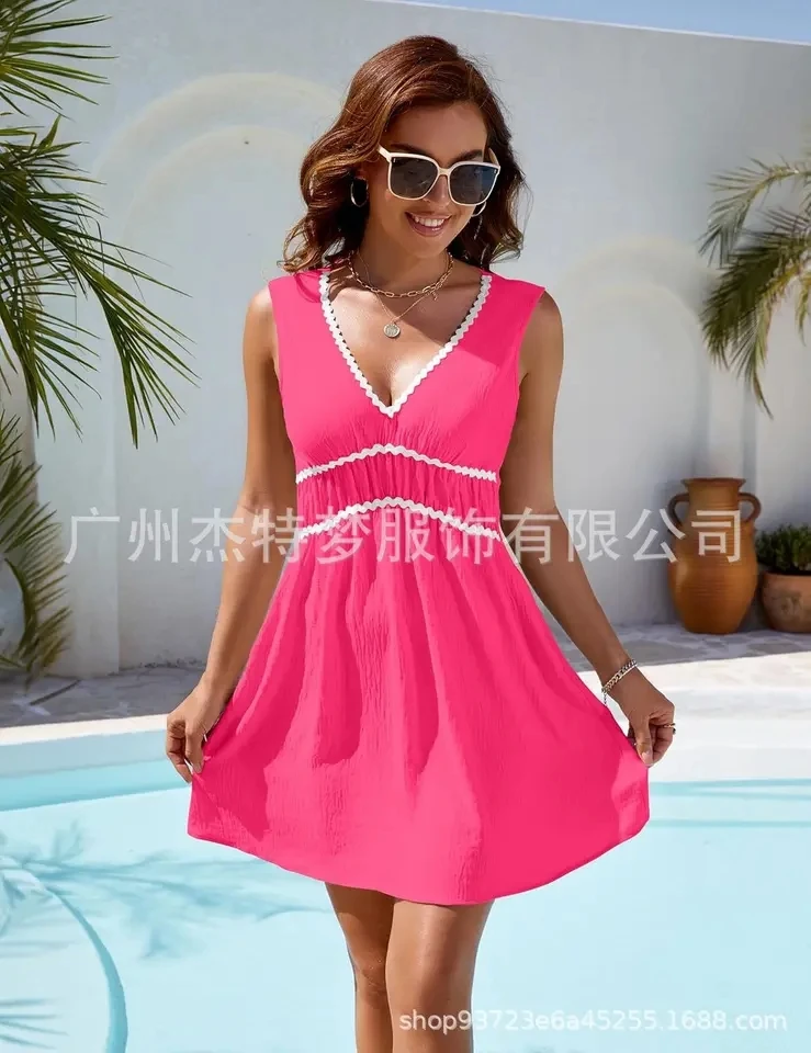 

New In Dress Roupas Femininas Abendkleider Striped Sleeveless Vest Short Dress Summer Bohemian Fashion A-line V-neck Lace Dress