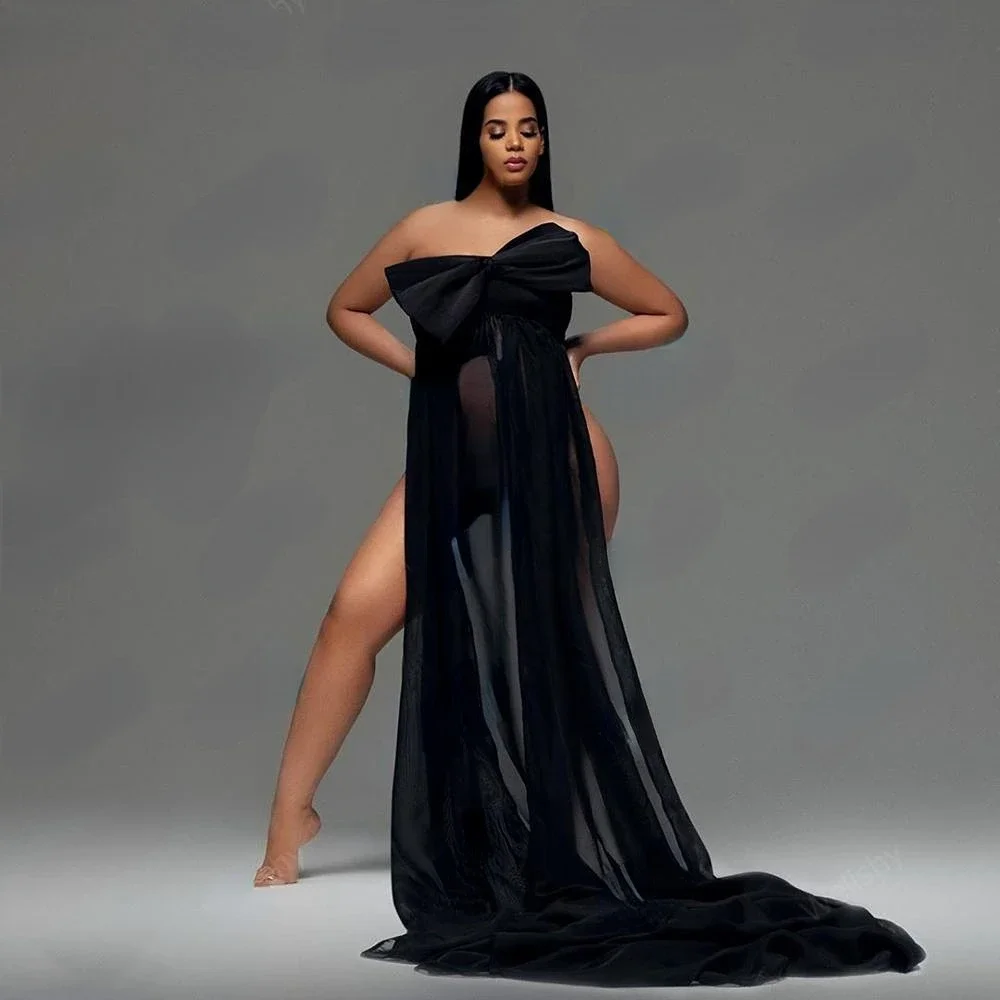 Sexy Black Dress For Maternity Photography Props Tulle Maternity Robes Sheer SeeTulle  Dress Women With A Bow Dress Gown