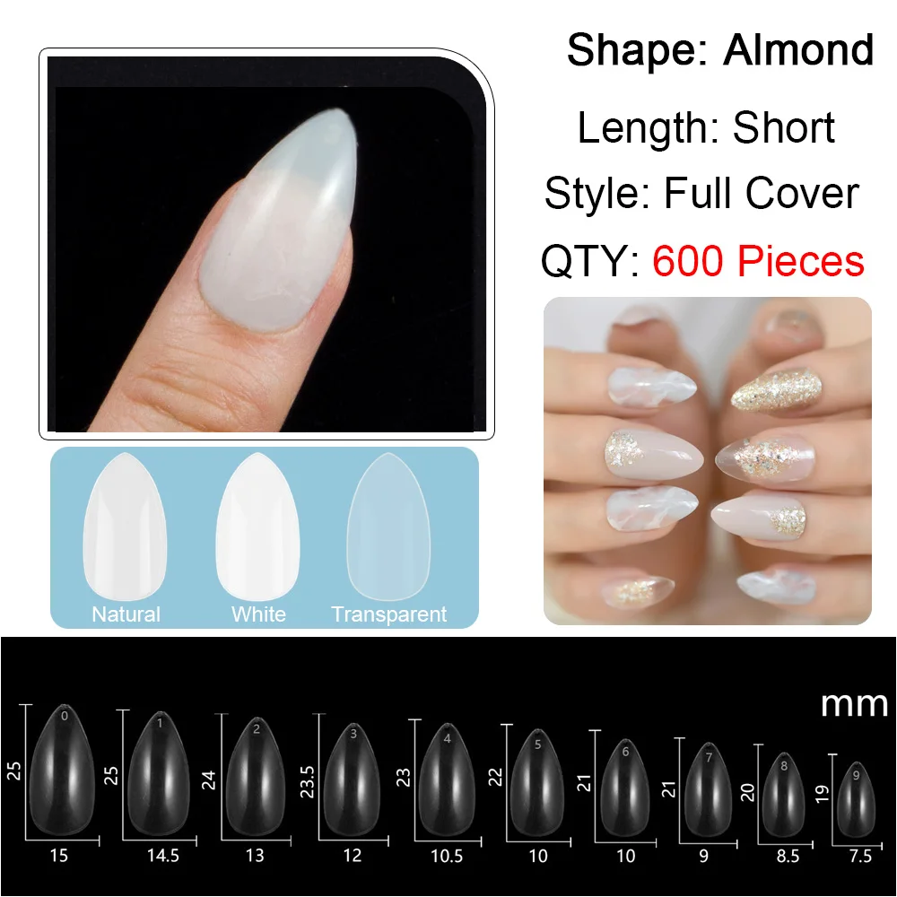 

Pay One Shipping Fee Only with Extra 50 Pcs Number 5 and 6 10 Sizes 600 Pieces Almond Full False Nails Press on Nails Short