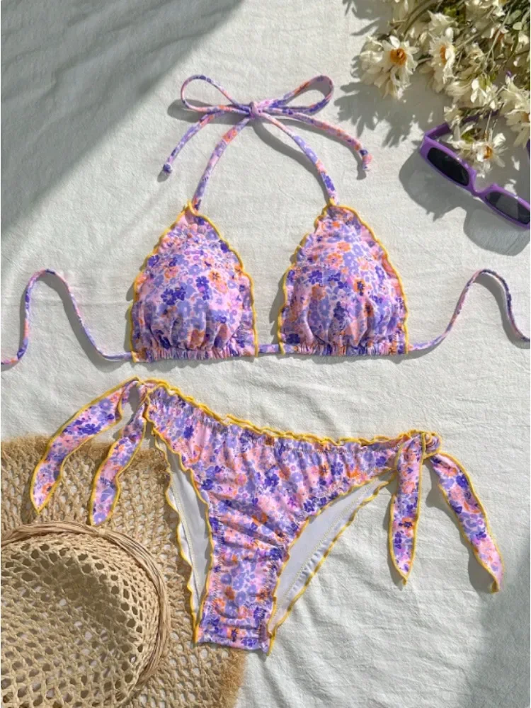 Women Cute Bikini Set 2025 New Summer Orange Floral Print Halter Ruffles Push Up Tie Side Thong Swimsuit Bathing Suit