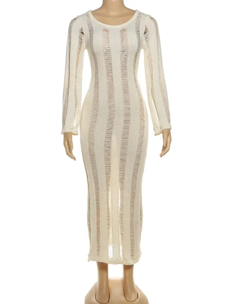 Chaxiaoa-maxivestido Sexy de punto de manga larga con espalda descubierta para mujer, vestido largo elegante con agujeros para fiesta y discoteca