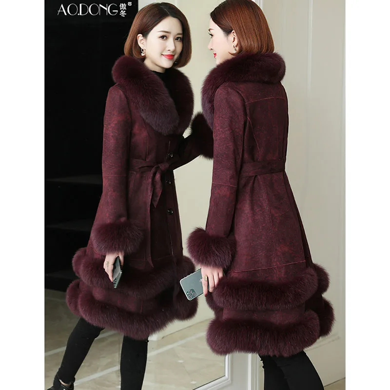 2024 Winter New imitate Otter Rabbit Fur Integrated Women's Long Faux Fox Fur Collar Slim Fitting Fur Jacket Female Coat Vintage