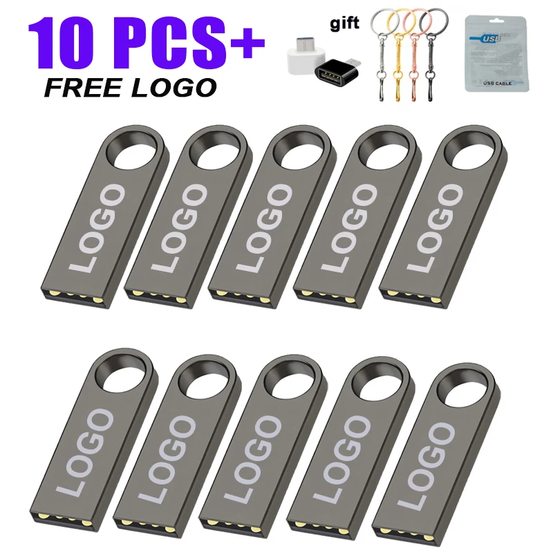 10 шт./лот USB-флешек 4 ГБ 8 ГБ 16 ГБ Металлические флешки 32 ГБ 64 ГБ Memory Stick 128 ГБ Бесплатный персонализированный подарок USB 2.0 флешки