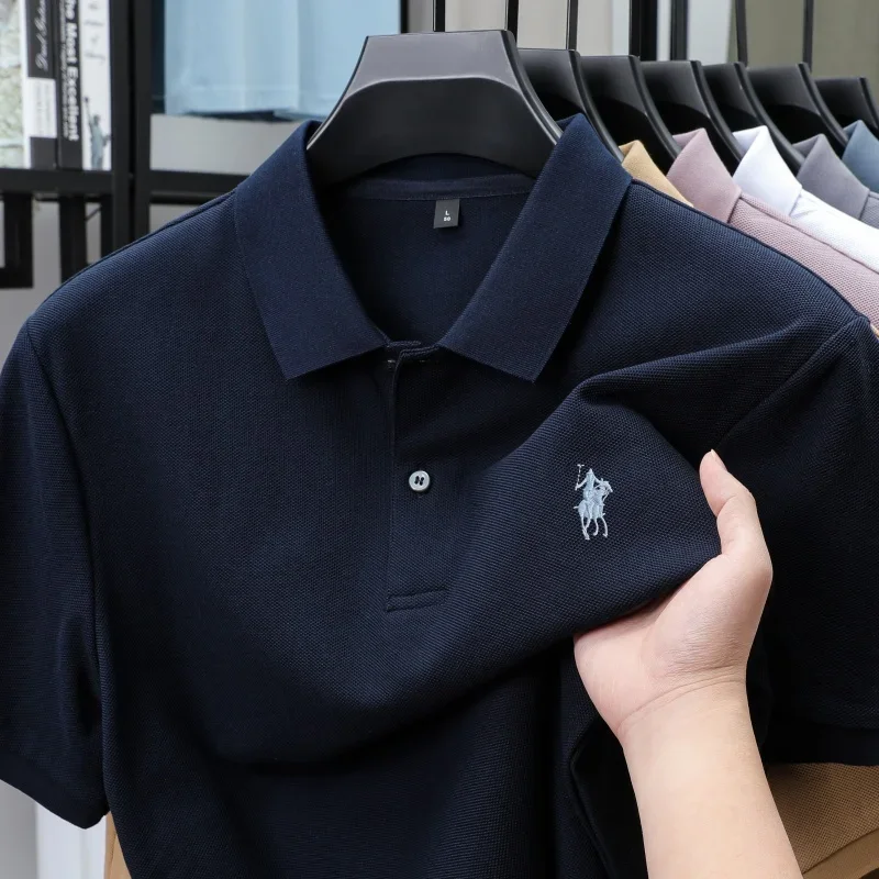 Men's Summer Breathable Pure Cotton Polo Shirt Solid Color Embroidered Business Casual Short Sleeve Tops