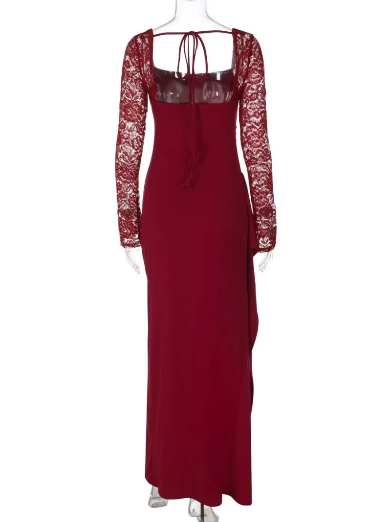 Abito da sera elegante patchwork in pizzo con colletto quadrato Tuniche sexy a vita alta senza schienale da donna Abiti da festa lunghi divisi Abito formale