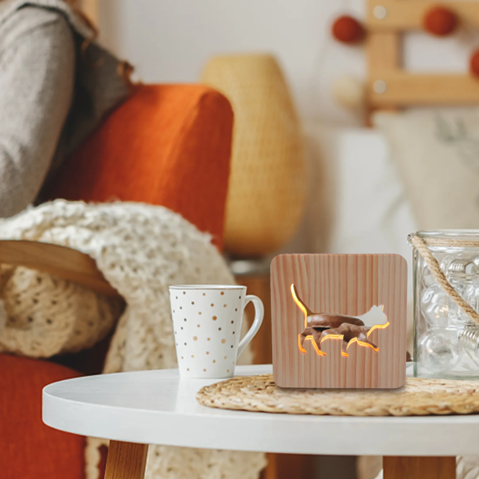 

1Pcs Hollowed Kitten Wooden Night Light 3D Engraving Lamp USB Light Bedroom Decoration Wood Cat Nightlight