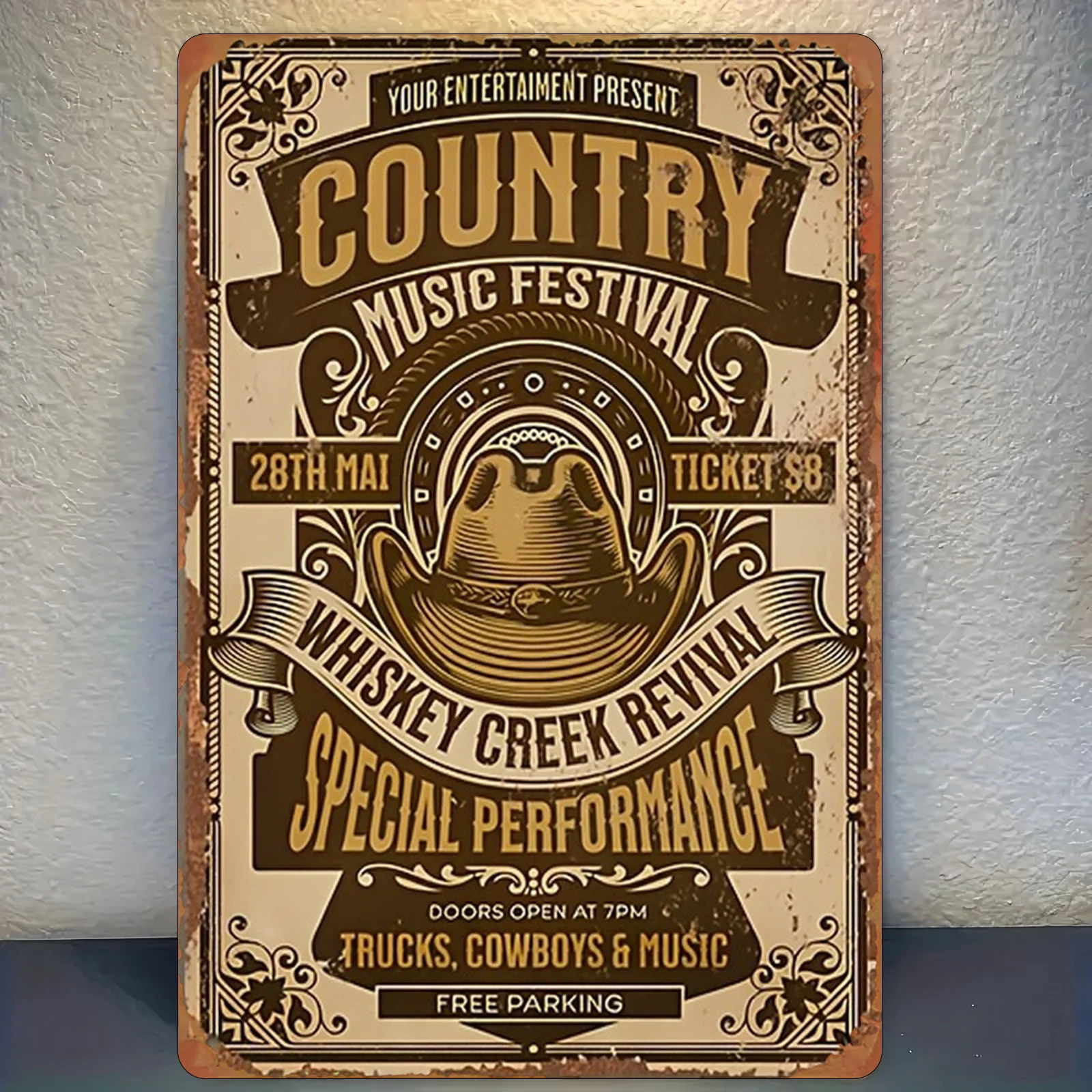 Vintage Cowboy Hat Country Music Metal Wall Plaque,Sign Poster,Rustic Metal Wall Art for Bar, Cafe, Garage & Country Style Home.