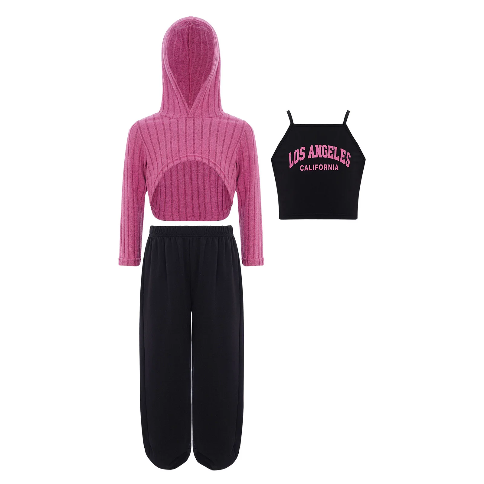 

3Pcs Kids Girls Casual Outfit Long Sleeve Asymmetrical Hem Striped Hoodie with Letter Printed Vest and Sweatpants Trousers