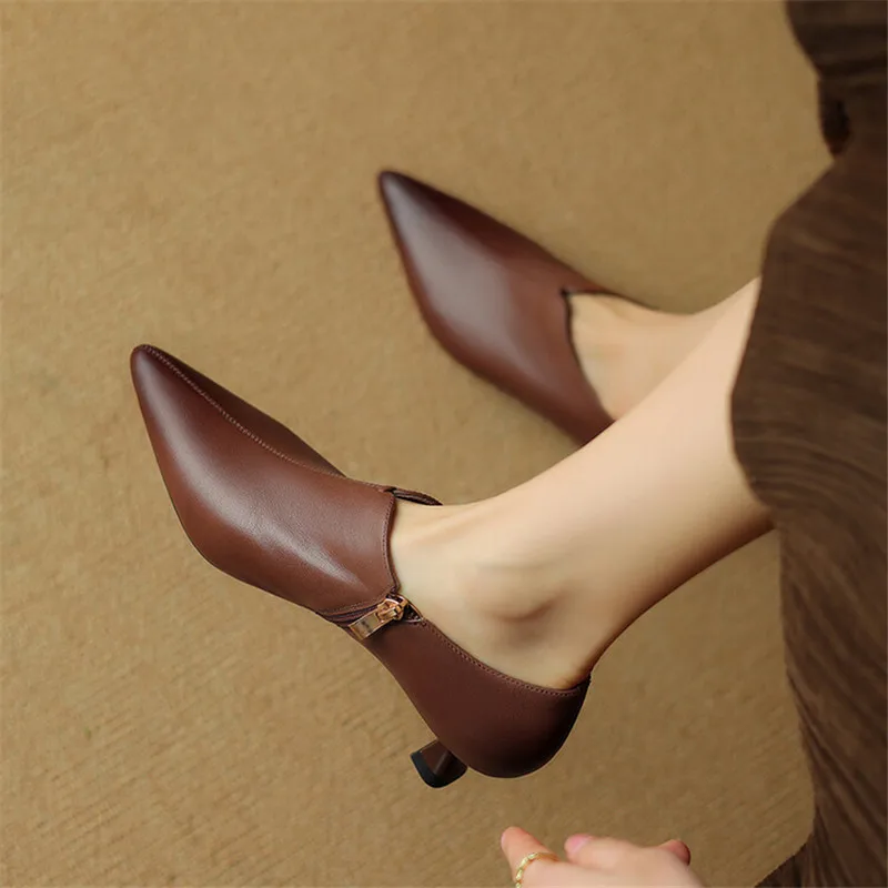 New Spring Genuine Leather Women Shoes French Retro Pointed Toe Women Pumps Side Zipper Loafers Shoes for Women Ladies Shoes