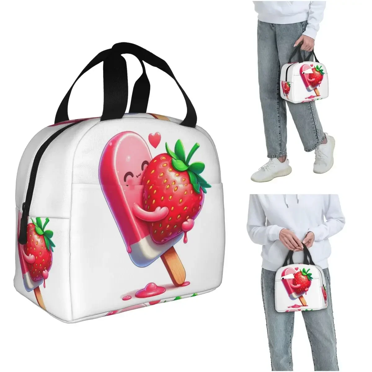 Strawberry Ice Cream Dessert Insulated Lunch Bag for Women Children Portable Food Boxes Thermal Lunch Box Tote