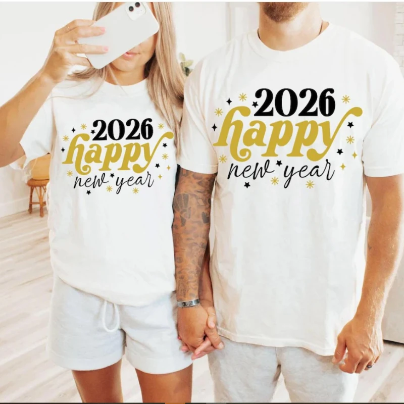 

Happy New Year 2026 Shirts, New Year 2026 Family Retro Crew Neck Short Sleeve Cotton Top All Seasons Quality Casual Fashion Tees