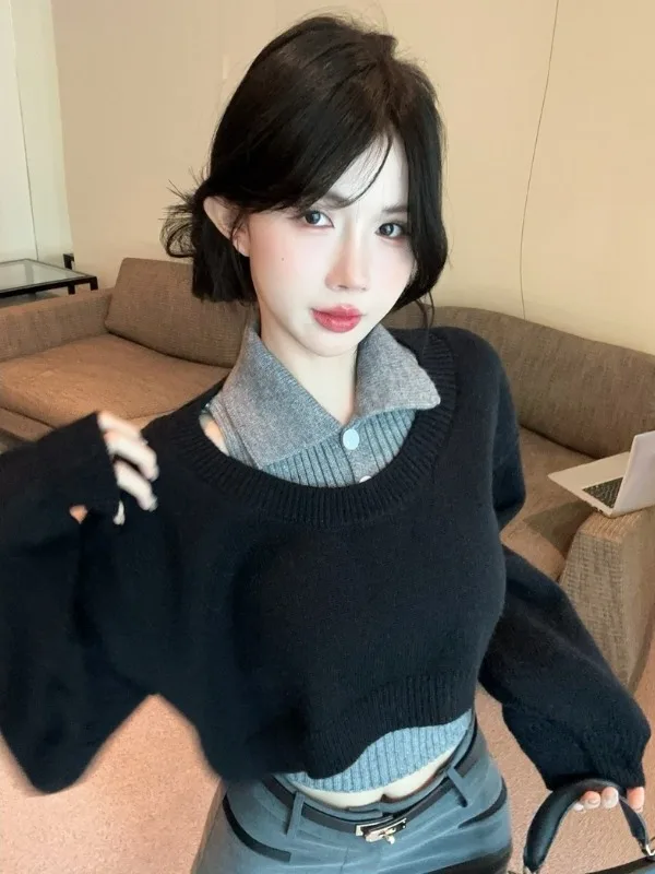 

Hong Kong Style Neck Knitwear Two-Piece Set Long Sleeve Women's Autumn Winter Fashion College Wind Sweater And Vest Combo