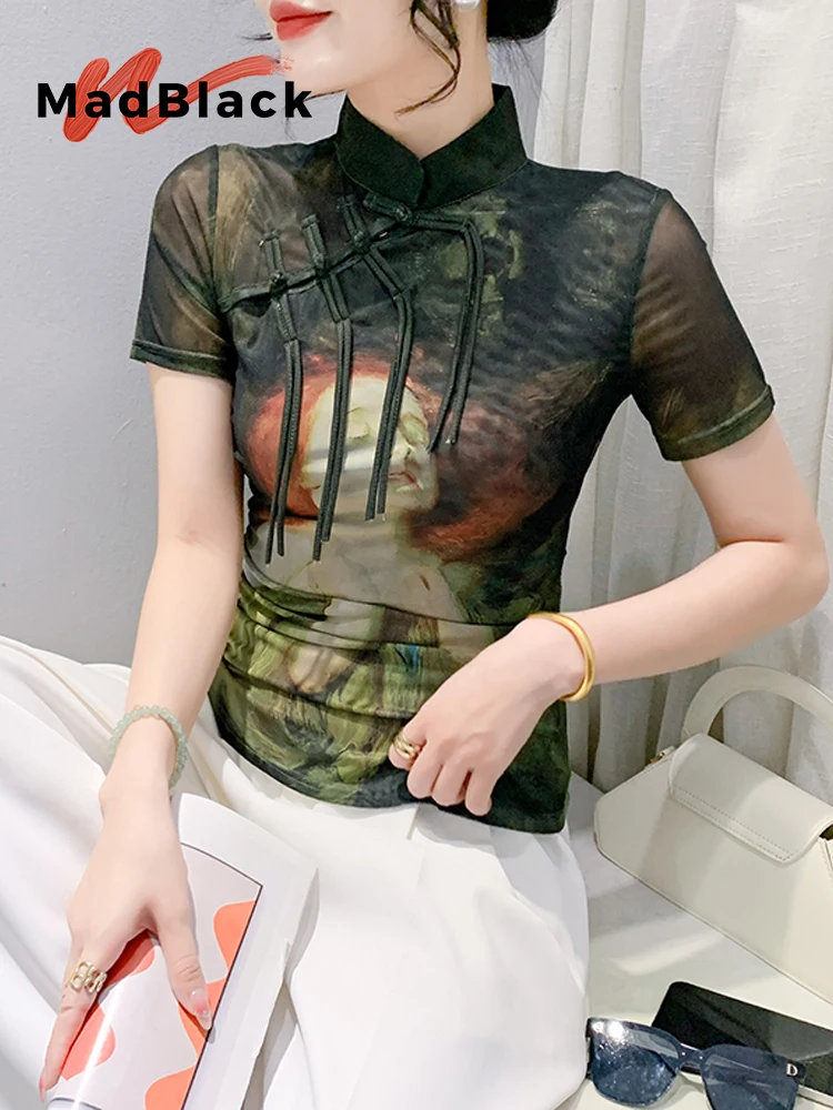 

MadBlack Chinese Clothes Tshirts Women Sexy Mandarine Collar Portrait Print Slim Tops Short Sleeve Tee Summer S-3XL T44674JC