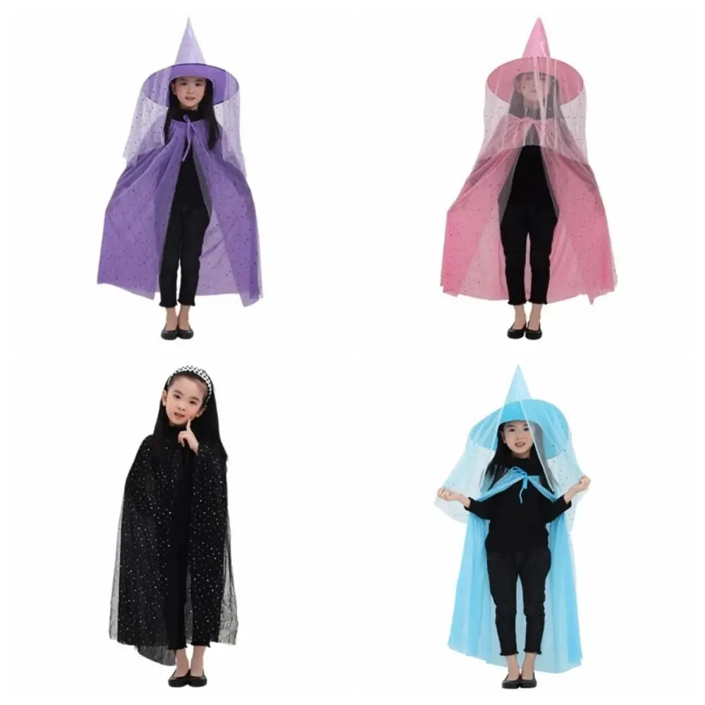 Creative Double Layer Halloween Cloak with Hat Robe Mesh Halloween Children Costume Cosplay Star Cape Hat Set Performance