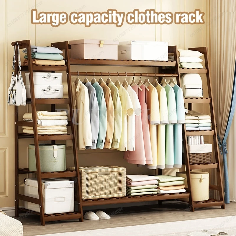 Hanger Furniture Storage Clothes Rack Coat Clothing Rack Bamboo Hanging Shelve Stand Hangers Floor to Ceiling Clothes Wardrobe