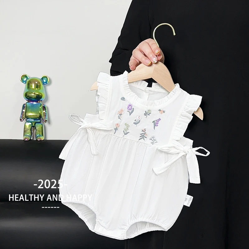 Summer Sleeveless Onesie For Toddler Ruffle Side Tie Bodysuit With Floral Embroidery Breathable Clothea For Daily Wear