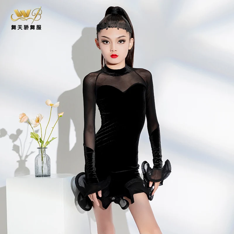 ラテンダンスドレス 秋冬新スタイル 女の子練習ドレス 子供ダンスドレス 競技パフォーマンスドレス