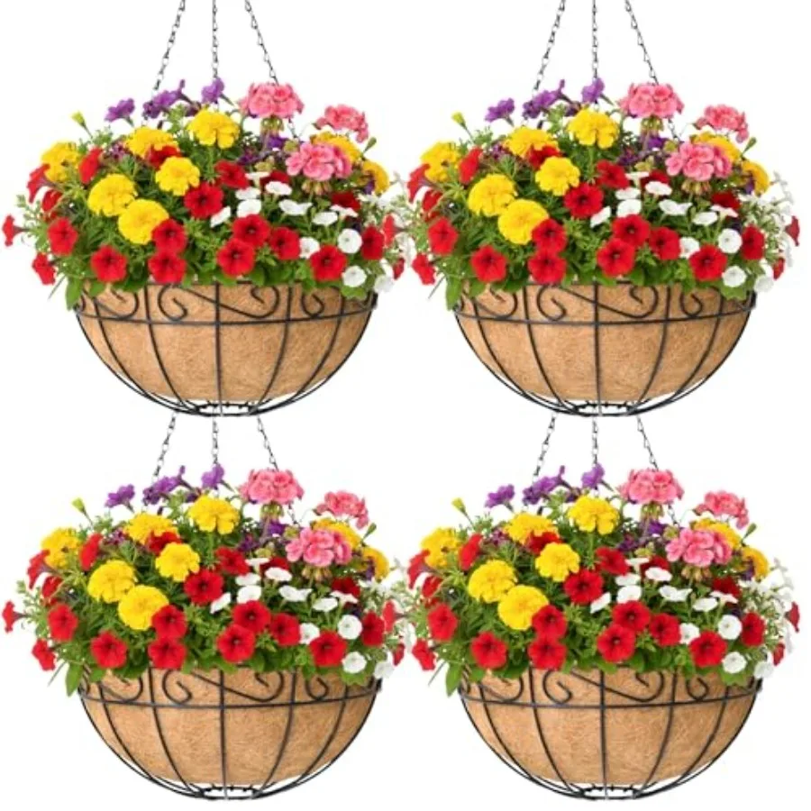 

Набор из 4 металлических подвесных кашпо для растений, 14 дюймов, с вкладышами из кокосового волокна, коричневые, для сада и патио