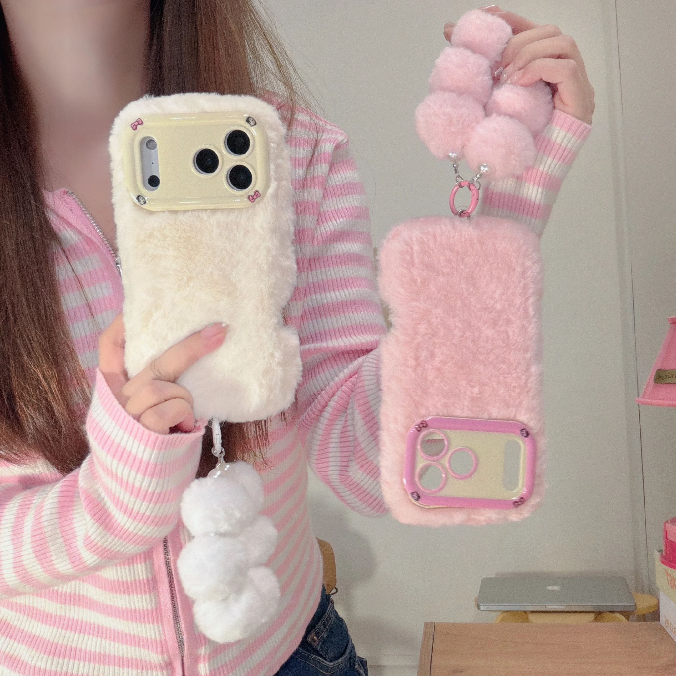 Nette Herbst Winter Plüsch Telefon Fall Mit Ball Anhänger Für Telefon Fall Für IPhone 17 16 15 14 13 12 Pro max Plus Zurück Abdeckung Kappen