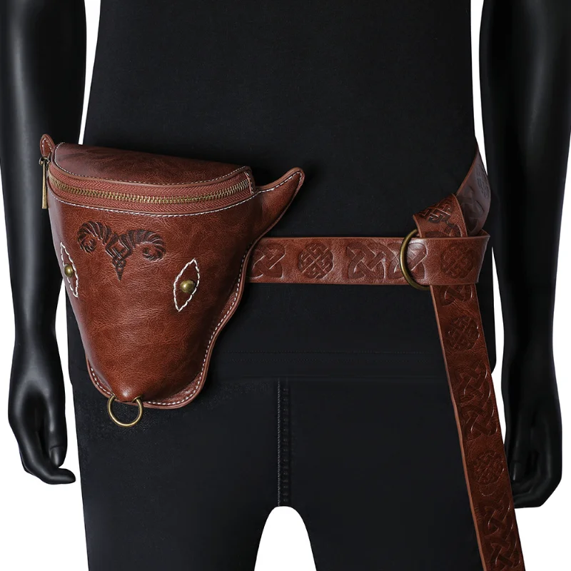 Viking Style Waist Bag Waterproof PU Leather Durable Retro Embossed Pouch for Motorcyclists Adjustable Belt Vintage Knight Purse