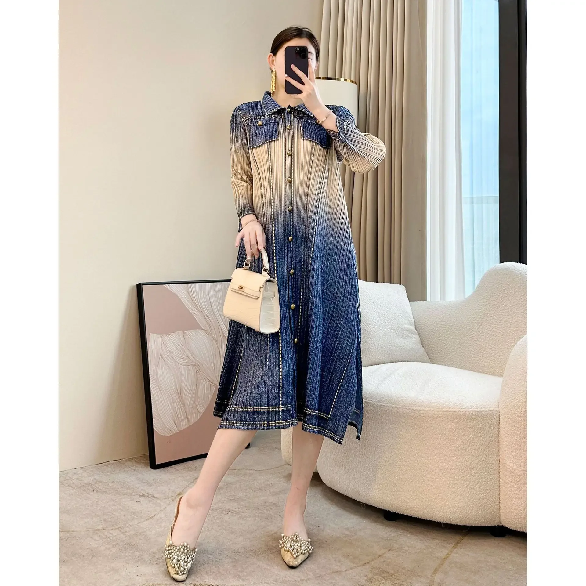 

Miyake Style Pleated Dress for Women 2025 New Retro Imitation Denim Printed Lapel Cardigan Irregular Midi Skirt
