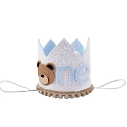 Blue Teddy Bear One Year Felt Crown Birthday Party Hats Cartoon Animal Little Bear Hat Kids Boys Happy 1st Birthday Party Decors