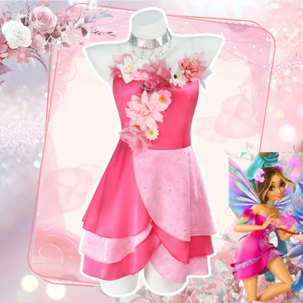 

Anime Season 9 Flora Cosplay Pink Elegant Princess Dress with Flower Accessories Adult Women Halloween Comic Con Carnival Outfit