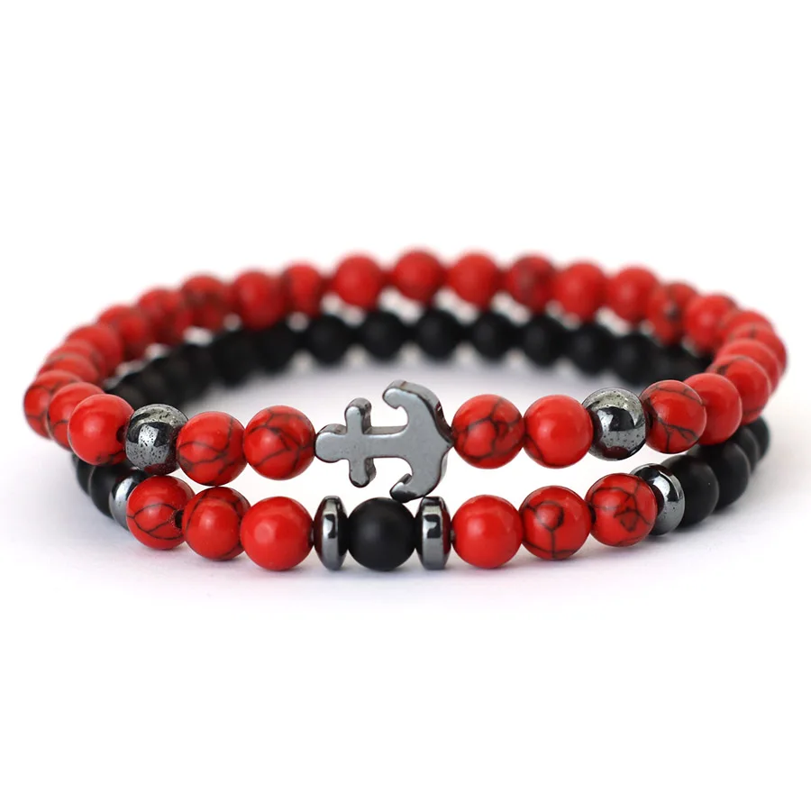 Stylish Anchor Bracelet Men 2Pcs/Set 6mm Tiger Eyes Obsidian Howlite Hematite Stone Healing Braclet Surfing Hand Accessories