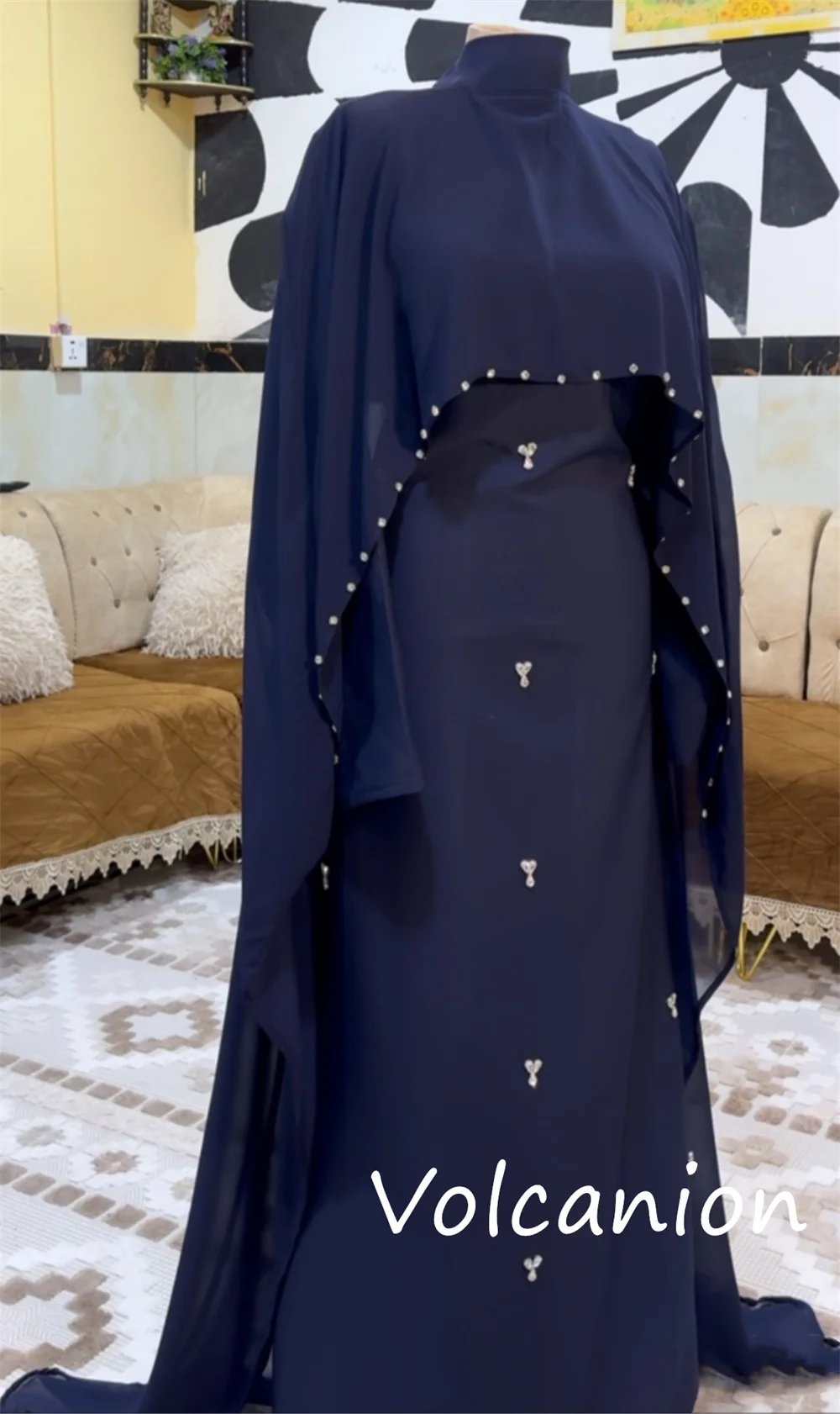 Customized Chinese Style Jersey Sequined Pleat A-line High Collar Long Dresses Bespoke Occasion Fashion