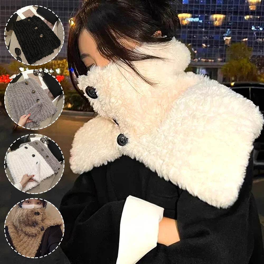 Button Scarf Warm Winter Fashion Fluffy Scarf Windproof Knitted Plush Neckerchief Thick Women Neck Fur Collar Outdoor Neck Warm