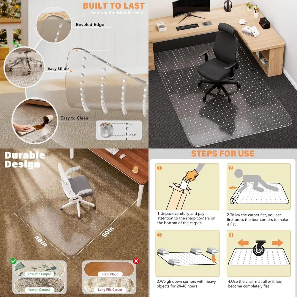 

Clear 48x60 Desk Chair Mat with Lip for Low Pile Carpets, Heavy Duty Plastic Floor Protector for Smooth Glide at Home or Office