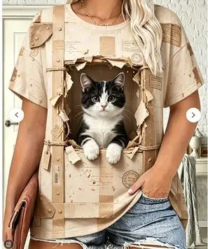 Women Crew Neck Short Sleeve T‑shirt 3D Cat In Vintage Paper Box Retro Postmark Print Casual Summer Tops