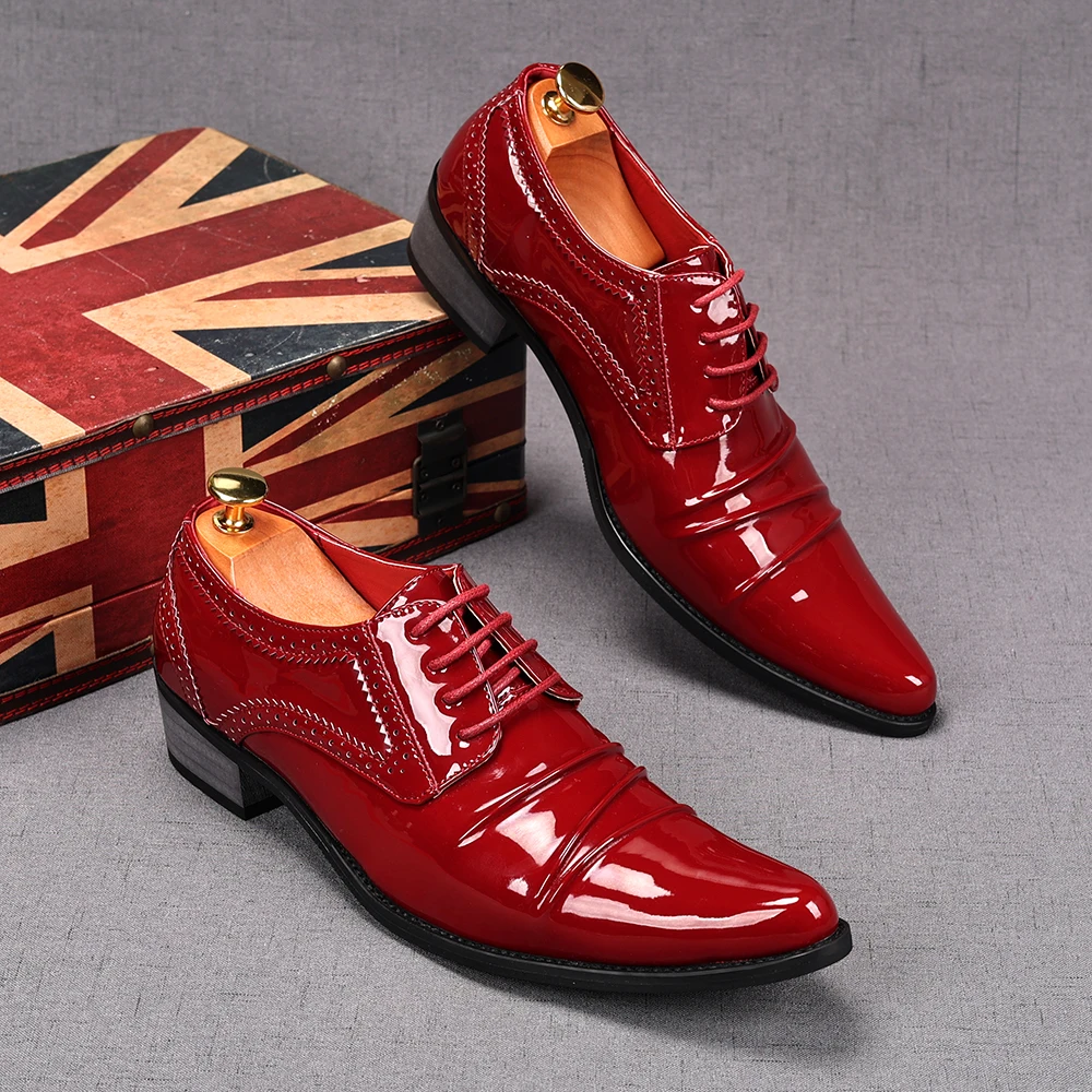 

Мужские кожаные туфли «Челси» с острым носком, красные туфли из лакированной кожи для парикмахера, блестящие свадебные кожаные туфли для жениха